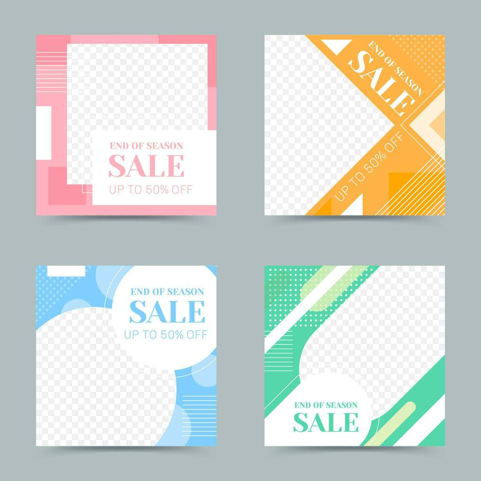 Multicolored square editable illustration templates for end of season sale ad, social media and web promo posts vector