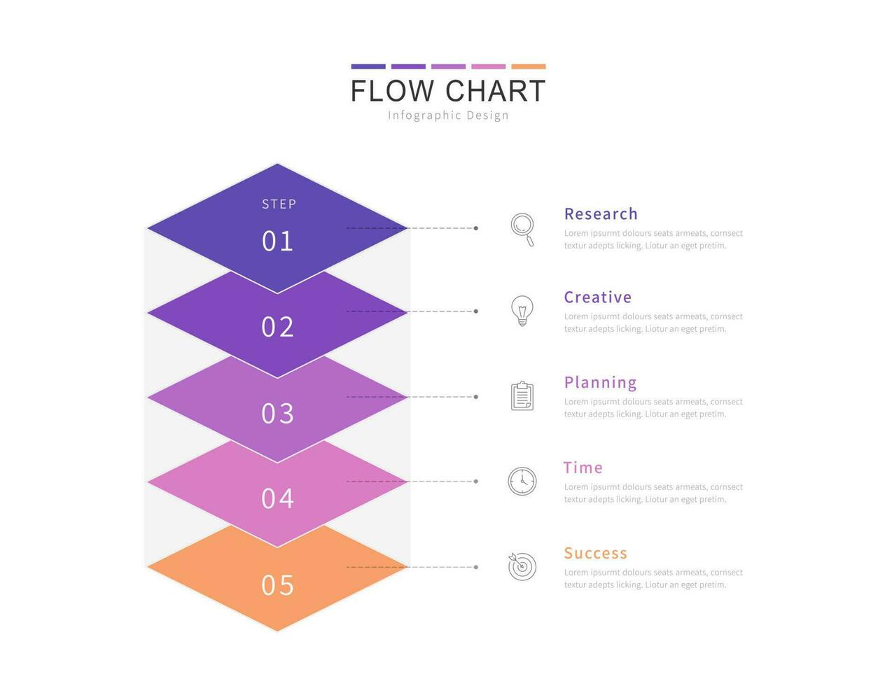 cinco diamante elementos metido en cada otro en vertical fila para fluir gráfico diseño, diagrama representando cinco etapas de negocio proceso fluir cuadro. vector