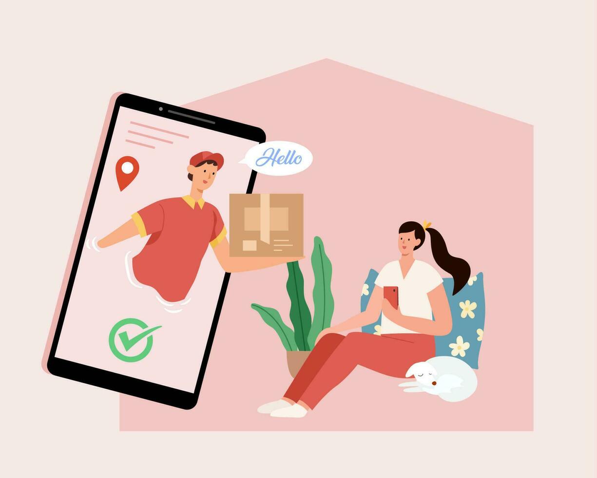 Flat illustration of courier man handing shopping parcel to female customer through phone screen. vector