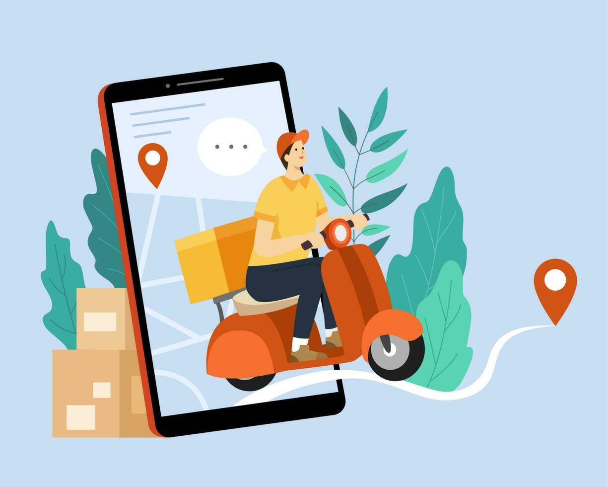 Online food delivery tracking service, flat illustration. Man riding on scooter with phone gps guiding the direction. vector