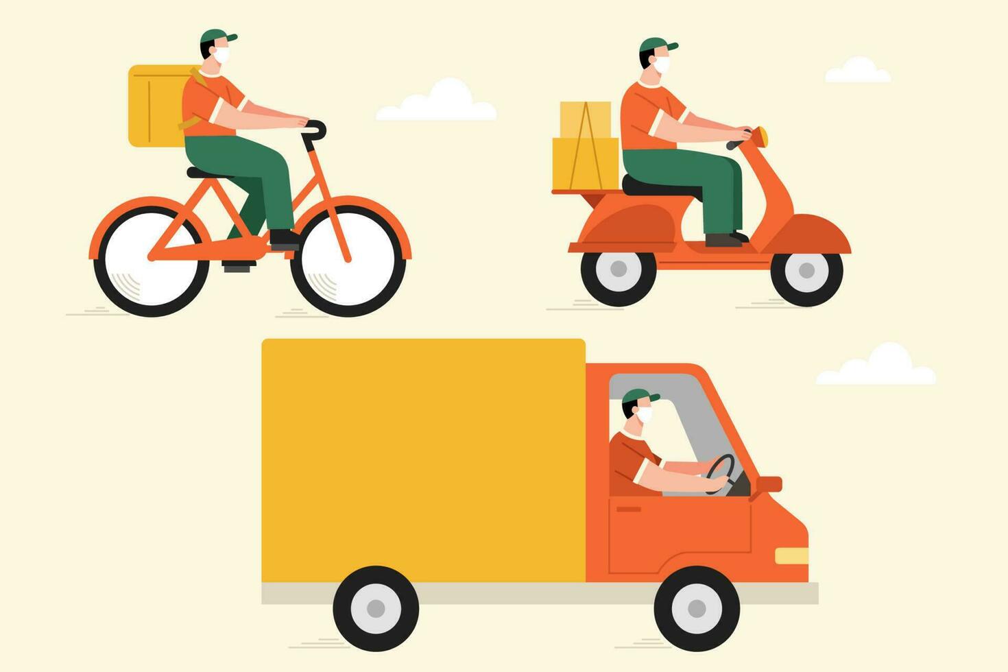 Flat illustration of couriers with face mask riding bicycle, scooter, and driving delivery truck. Different vehicle elements isolated on beige background. vector