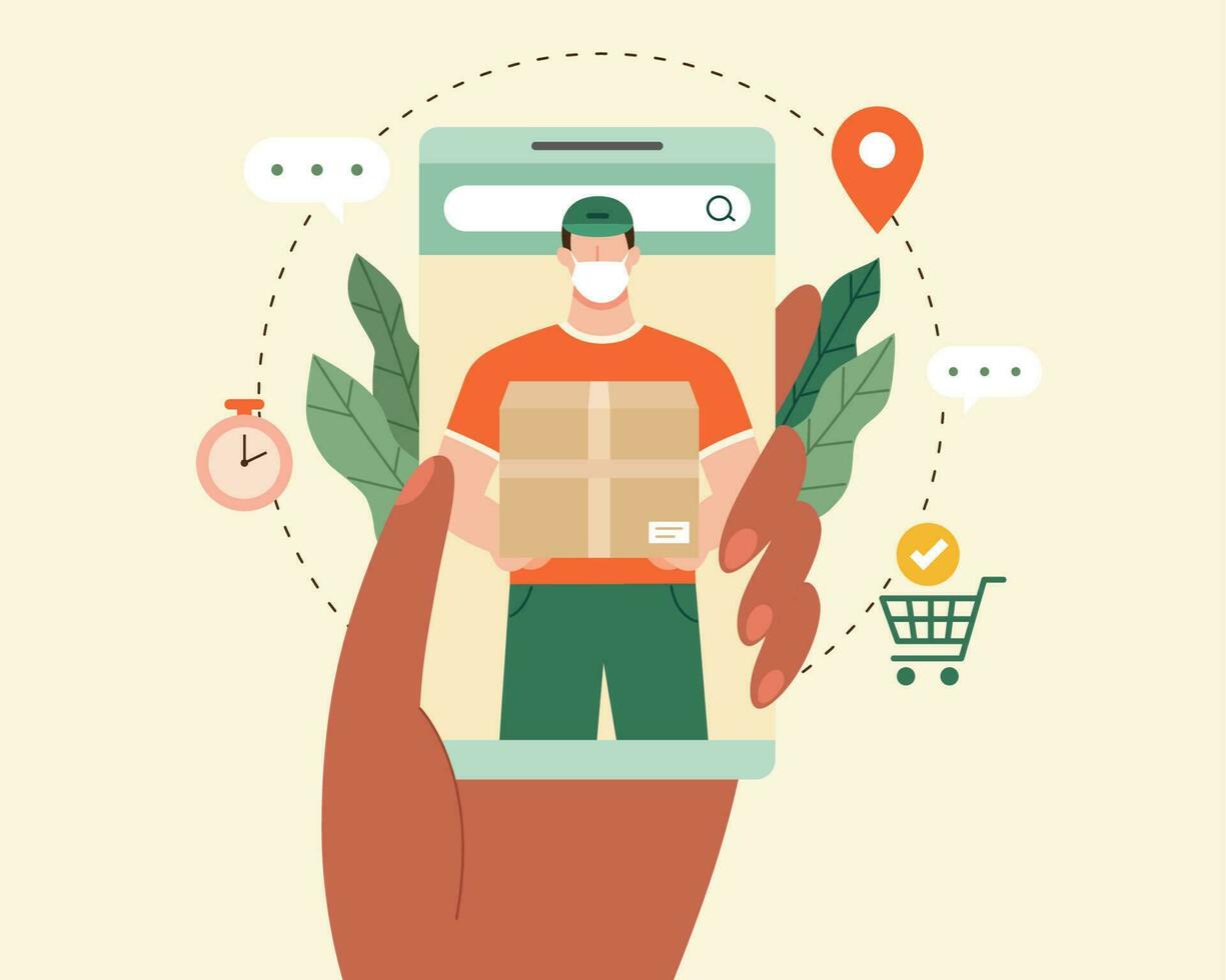 Flat illustration of hand holding mobile phone with delivery tracking app and courier with face mask delivering a parcel. vector