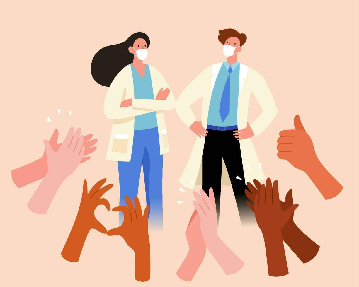 Flat illustration of hands clapping and making a heart gesture to doctors and nurses. Concept of thanking medical workers for their hard work during covid pandemic. vector