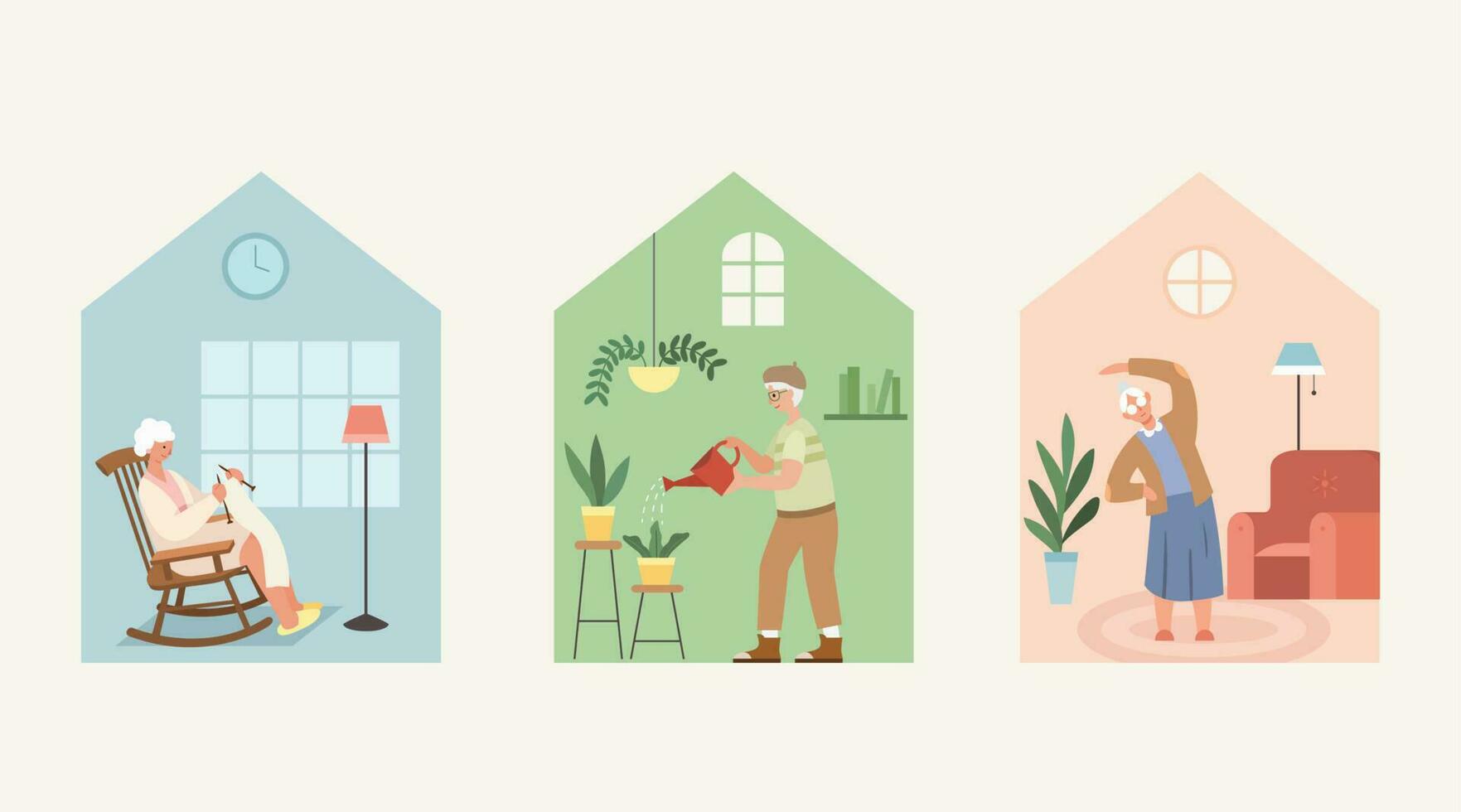 Senior people doing different activities at home at weekend. Flat illustration. vector