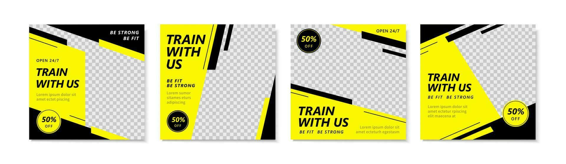 un conjunto de sencillo social medios de comunicación modelo diseño en amarillo y negro , utilizando tiras a crear un energético, rápido, brillando, positivo imagen, adecuado para ventas, negocio promoción vector