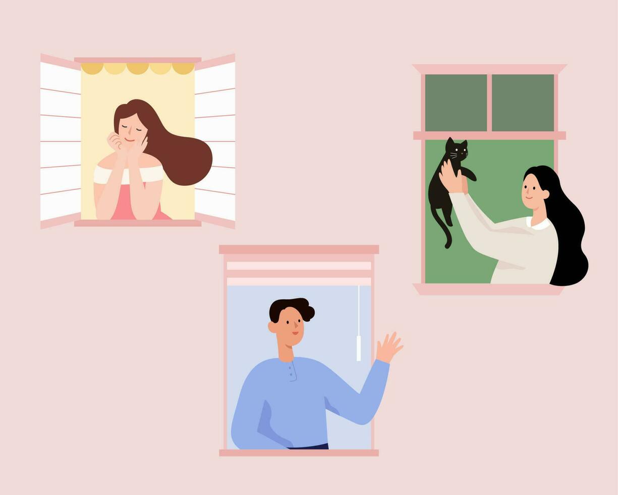 Flat illustration of people enjoying their time staying home during quarantine. Stay home and stay positive or staycation concept. vector