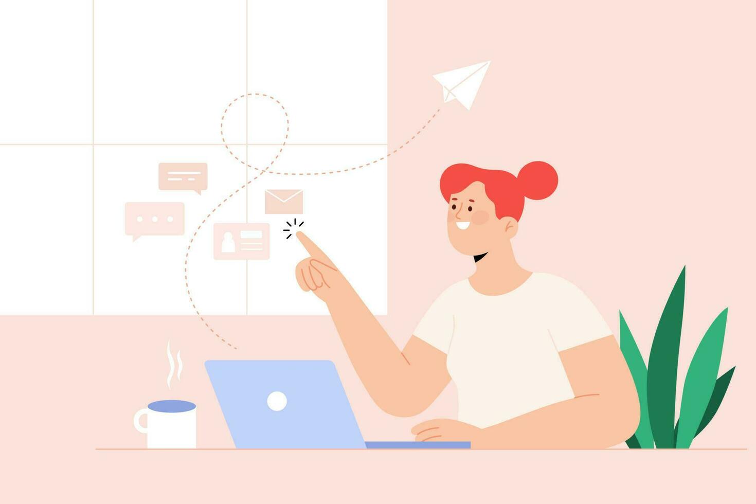 Flat illustration of a woman sending emails and messages with a finger touch. Concept of home office, freelance, and work from home vector