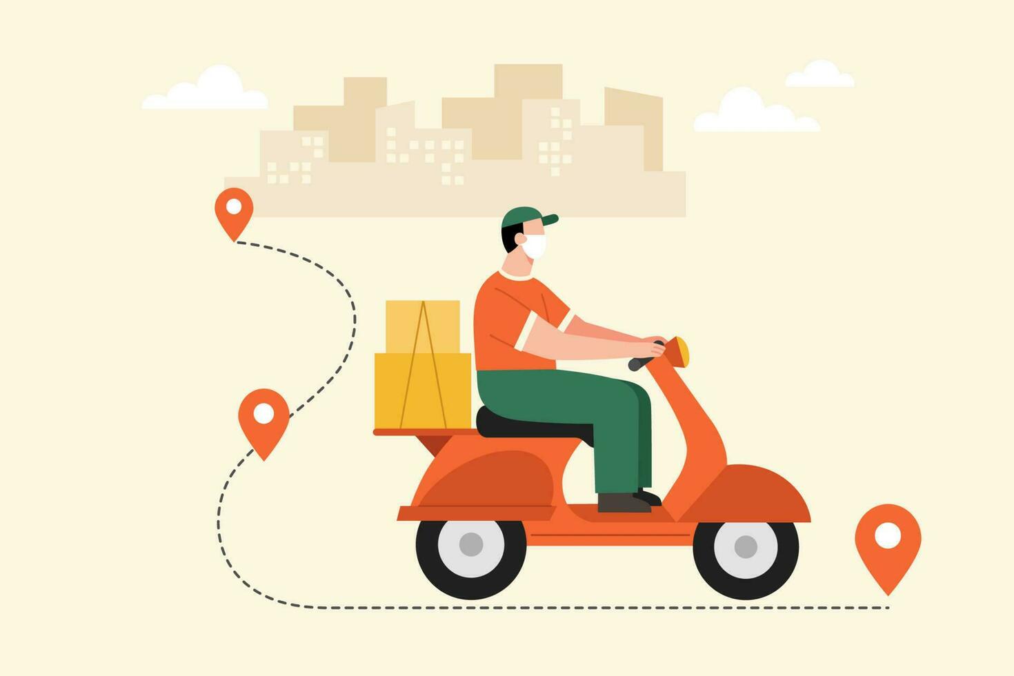 Flat illustration of courier with face mask riding scooter to deliver a package to different destinations in the city. Safe delivery concept. vector