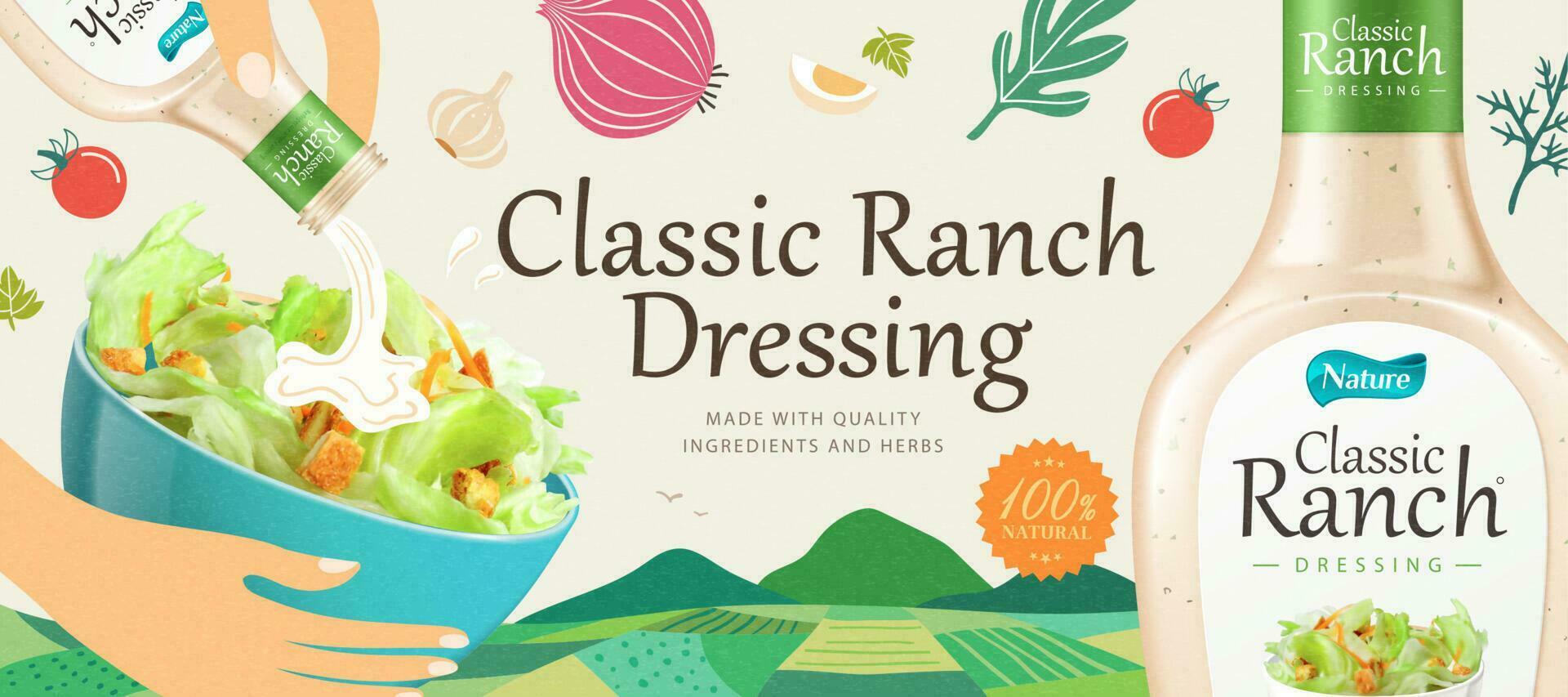 Salad dressing bottle in 3d illustration designed with hand drawn farm background vector