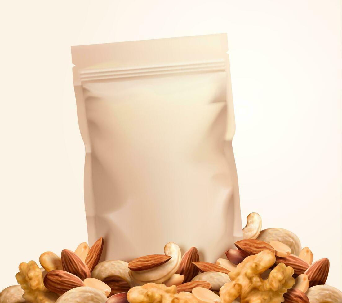 Kraft paper snack bag on nuts top in 3d illustration vector