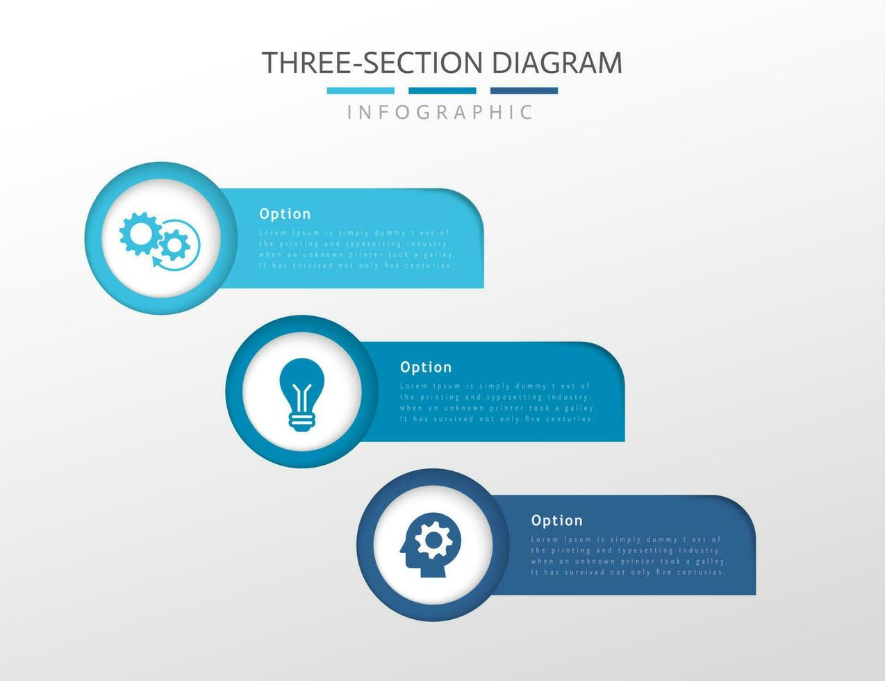 Three section diagram infographics representing three stages of business process vector