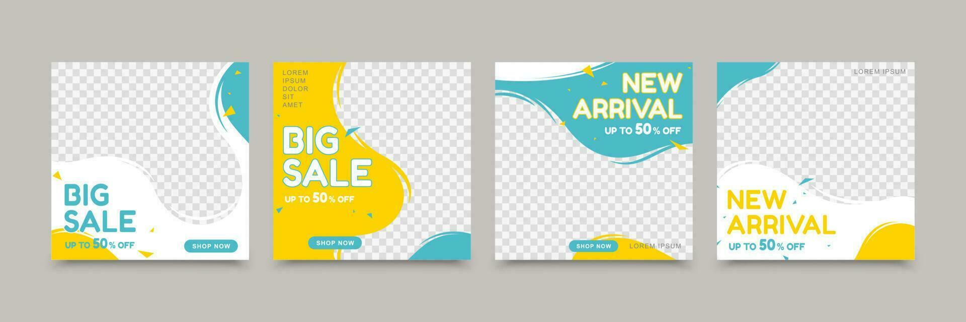 Set of social media post templates with ocean waves and sunny imaginary background in blue and yellow color, suitable for social media post template and promotions vector