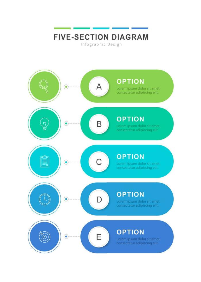 cinco sección diagrama infografía, cinco pasos elemento arreglado verticalmente con íconos vector