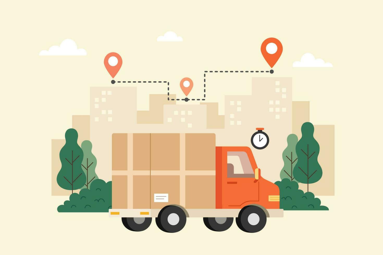 Flat illustration of a truck delivering goods to the destination in another community. vector