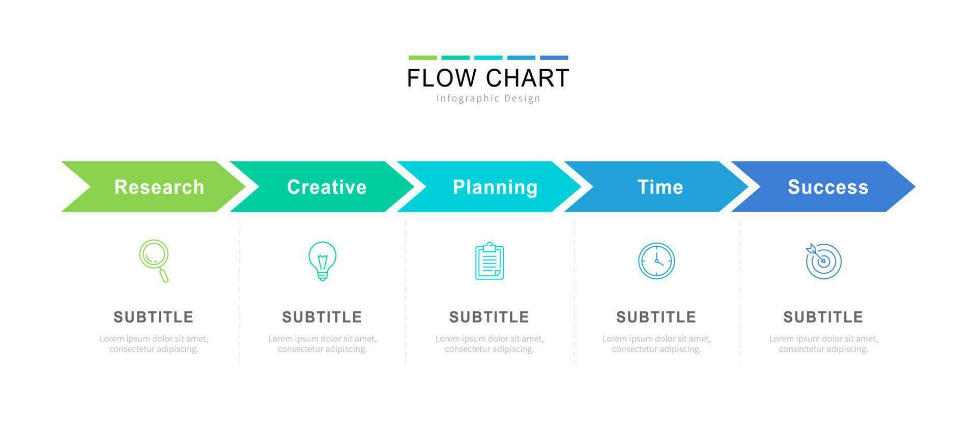 Five colored arrows placed in horizontal row. Concept of 5 successive