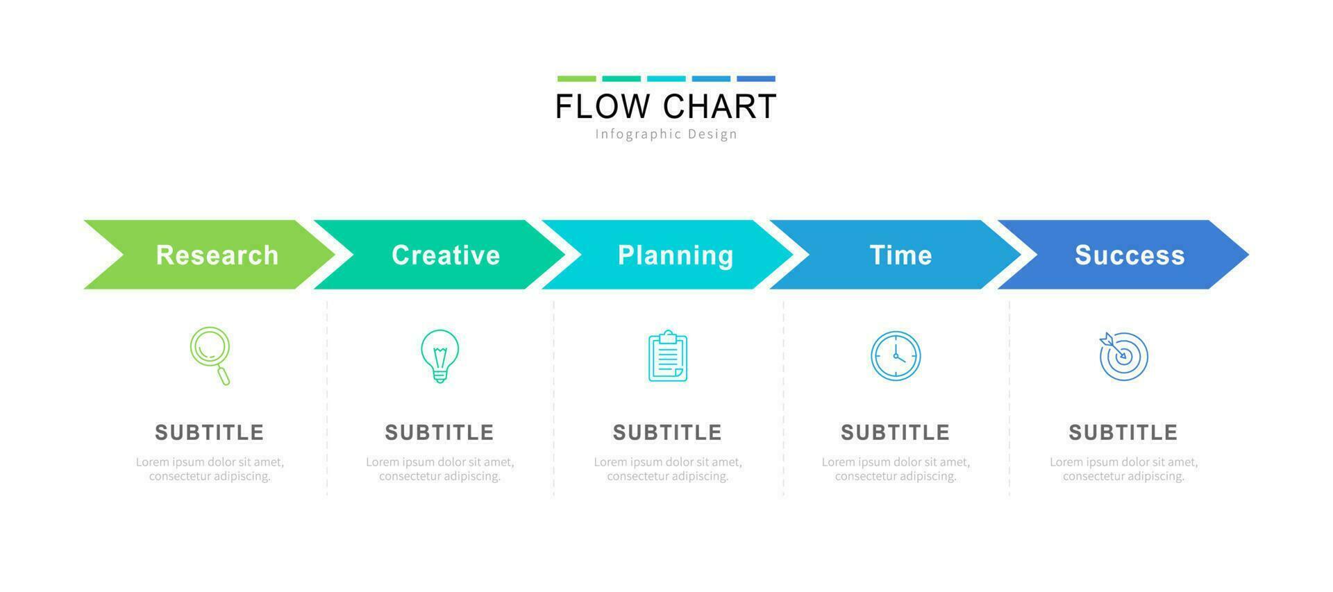 Five colored arrows placed in horizontal row. Concept of 5 successive steps of progressive business development. Simple infographic flow chart design template. vector