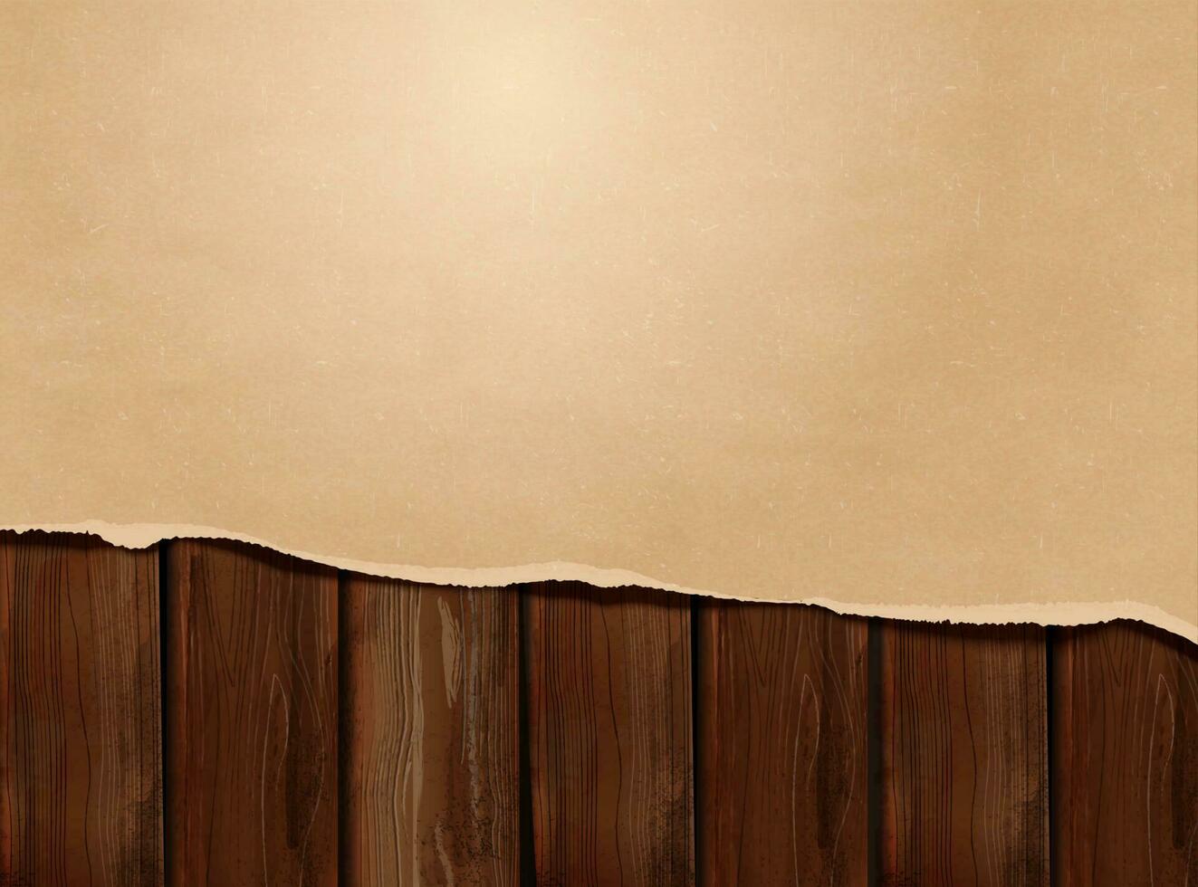 Torn kraft paper on wooden table background in 3d illustration vector