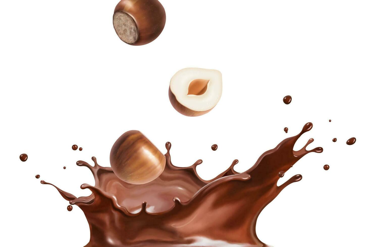 Splashing chocolate liquid with hazelnut in 3d illustration vector