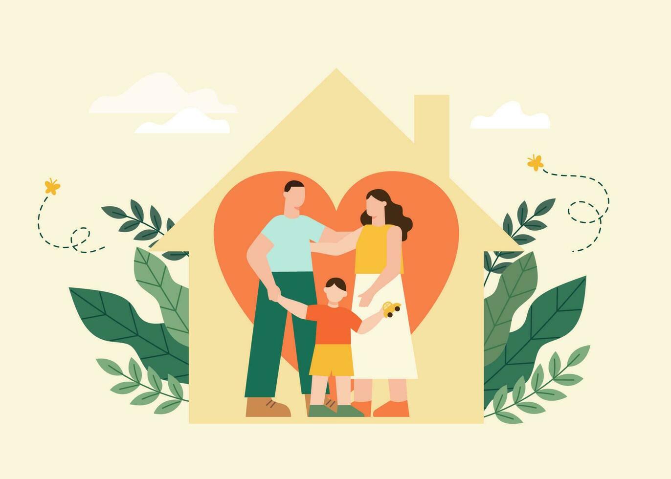 familia de Tres en pie juntos dentro un hogar con un grande corazón. plano ilustración de familia cuidado o permanecer hogar concepto. vector