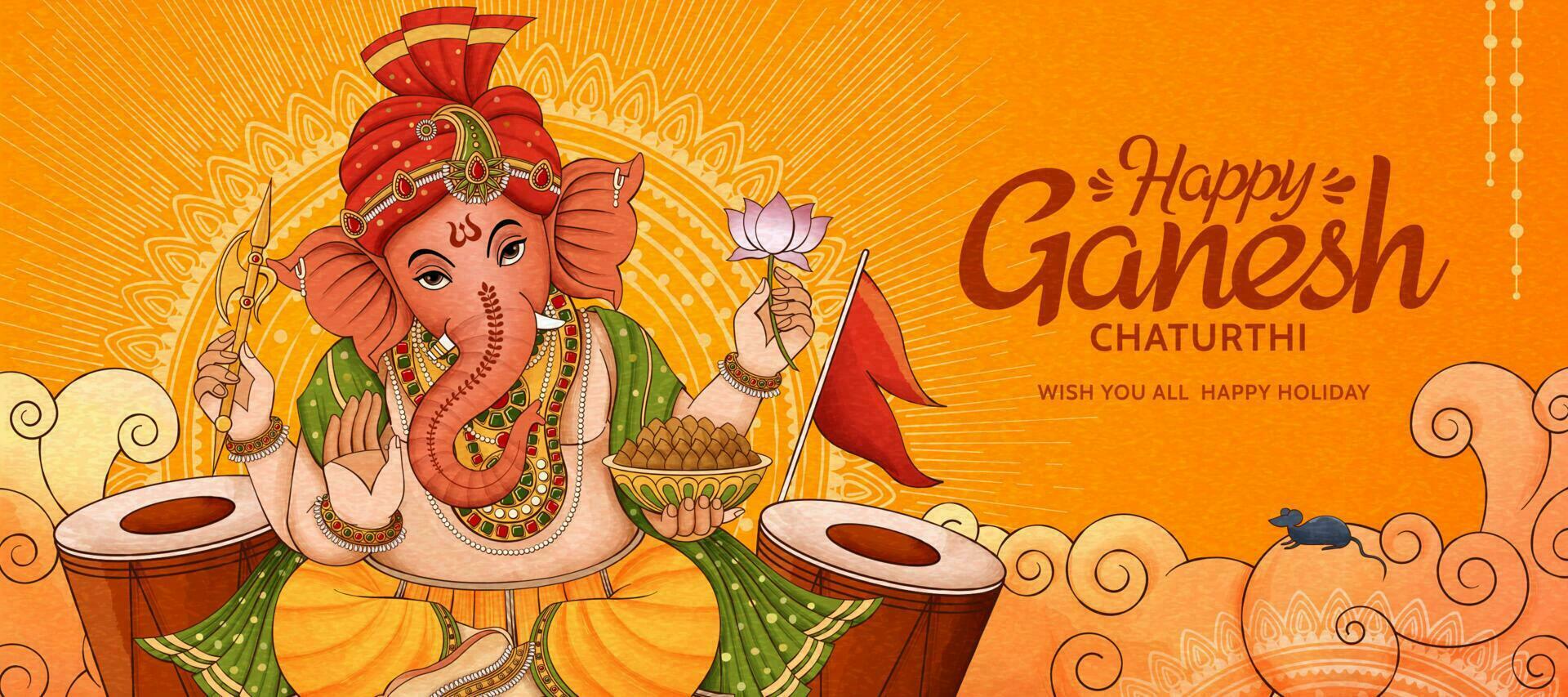 Happy Ganesh Chaturthi banner design with Ganesha and drums vector