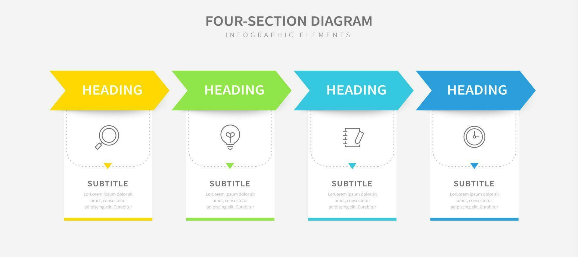 Four section diagram with heading banners and colorful arrows horizontally arranged vector