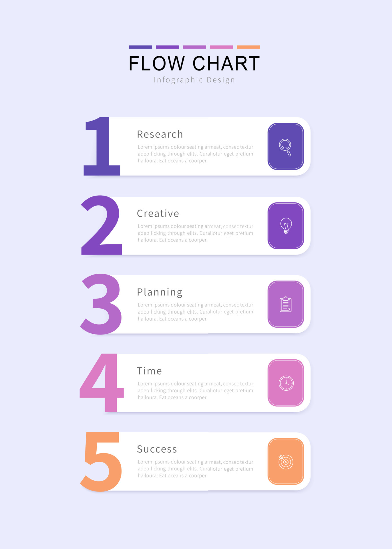 Five label elements placed in vertical row. Diagram representing five ...