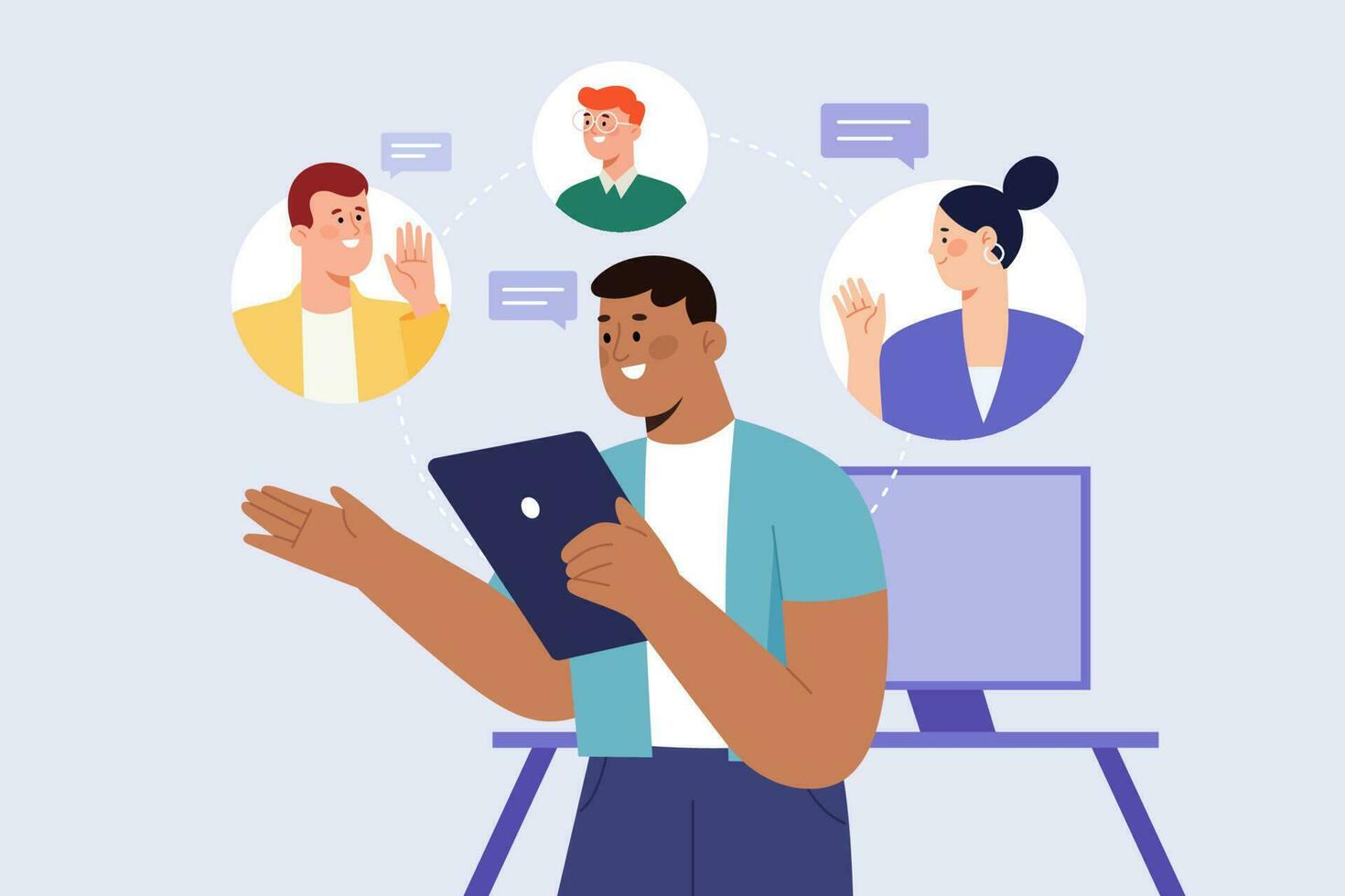 Flat illustration of business video conference or meeting. Man holding digital tablet and communicating with colleagues seen in closeup circles. vector