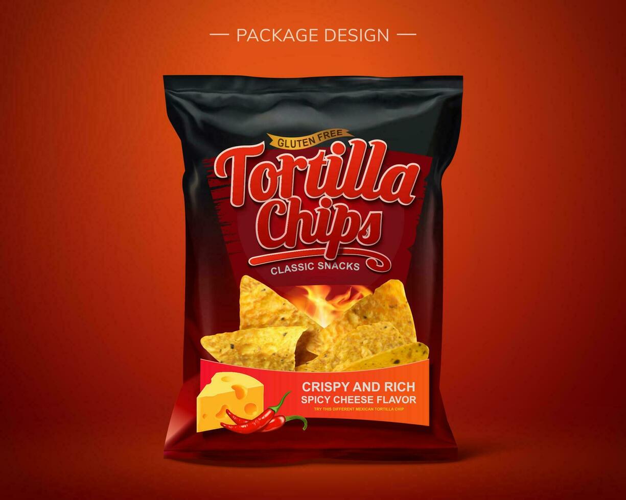 tortilla papas fritas frustrar bolso paquete diseño en 3d ilustración vector