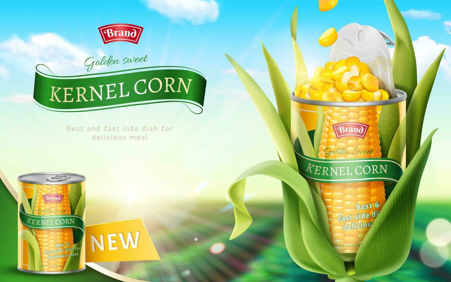 Premium kernel corn can ads in 3d illustration on bokeh green field background vector