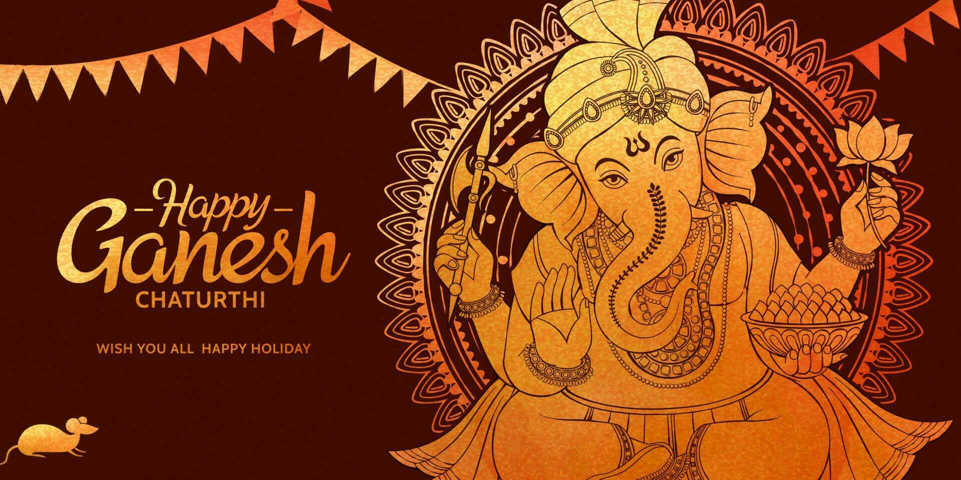 Happy Ganesh Chaturthi banner design in golden color vector