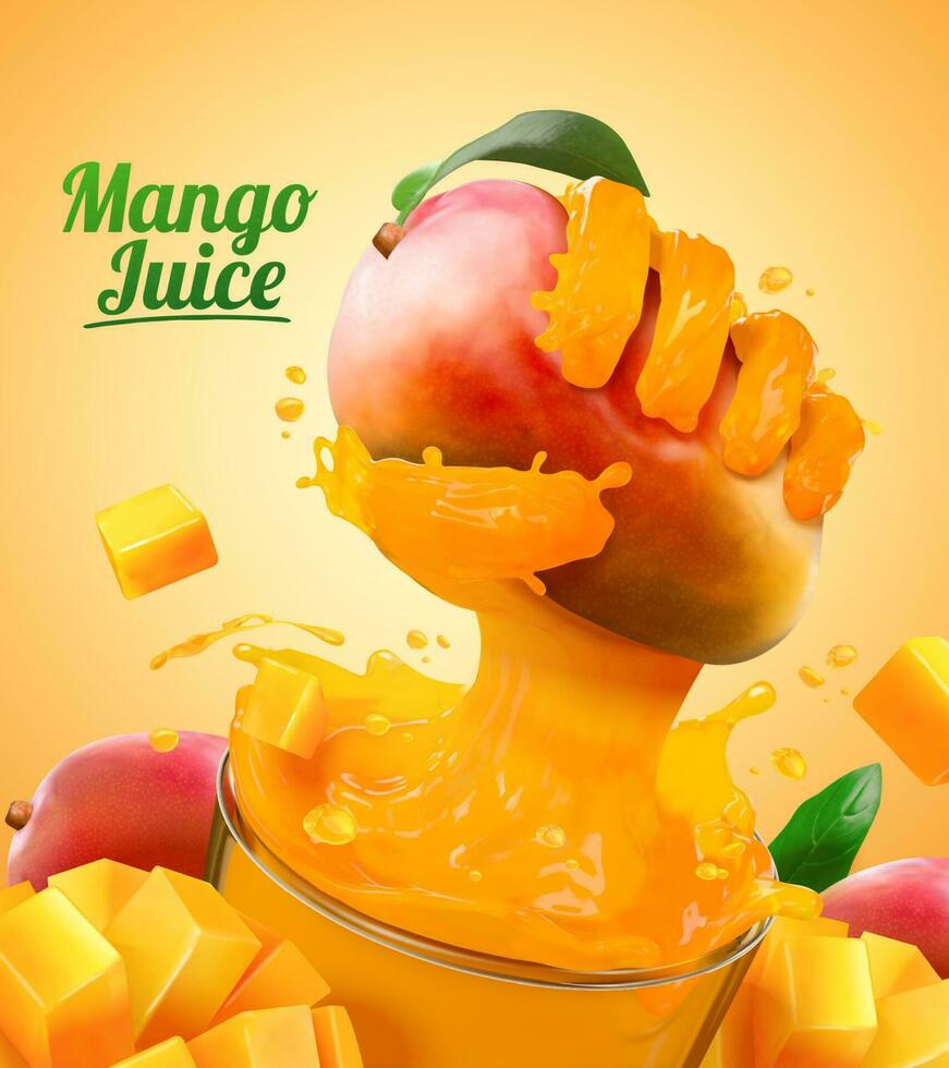 Mango juice ads with liquid hand grabbing fruit effect from glass cup in 3d illustration vector