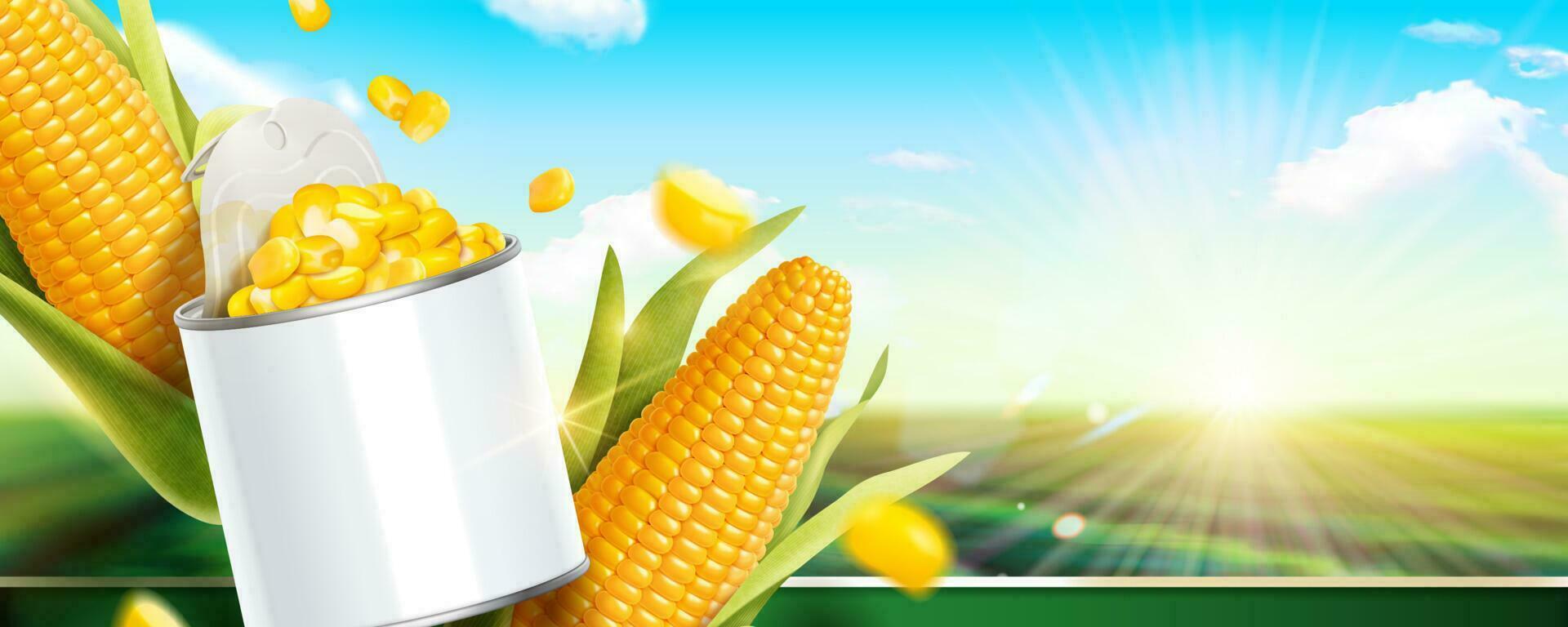 Kernel corn can banner ads in 3d illustration on bokeh green field background vector