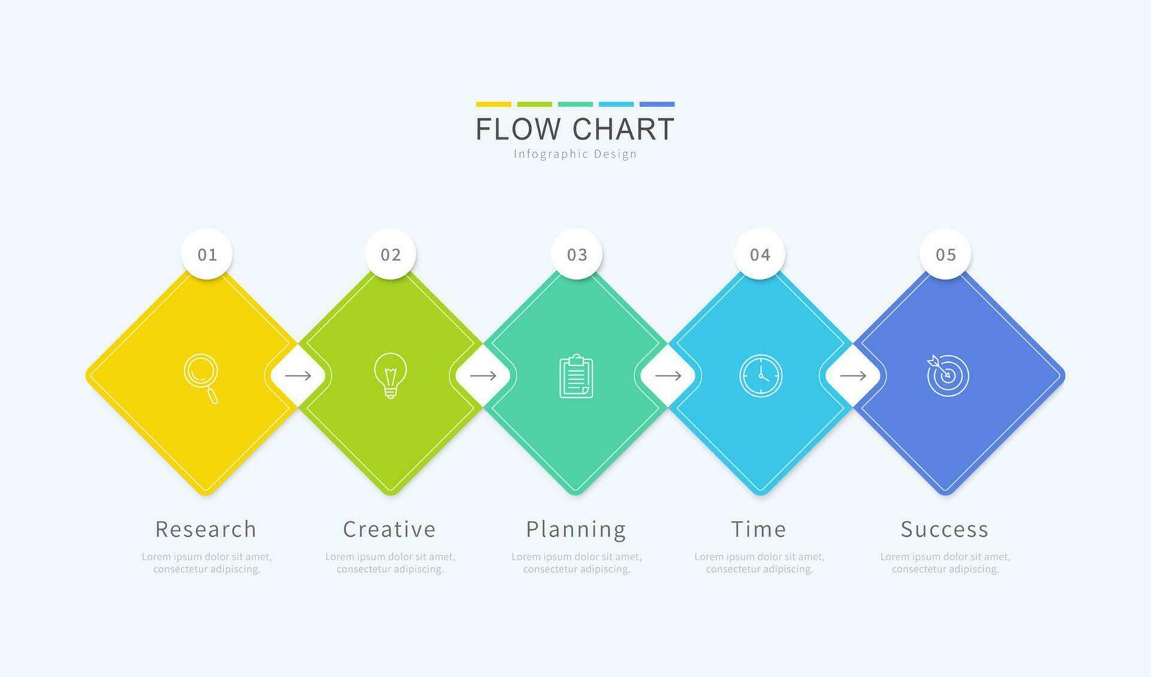 Five connected diamond elements placed horizontally for flow chart design, business process flow chart infographic template. vector
