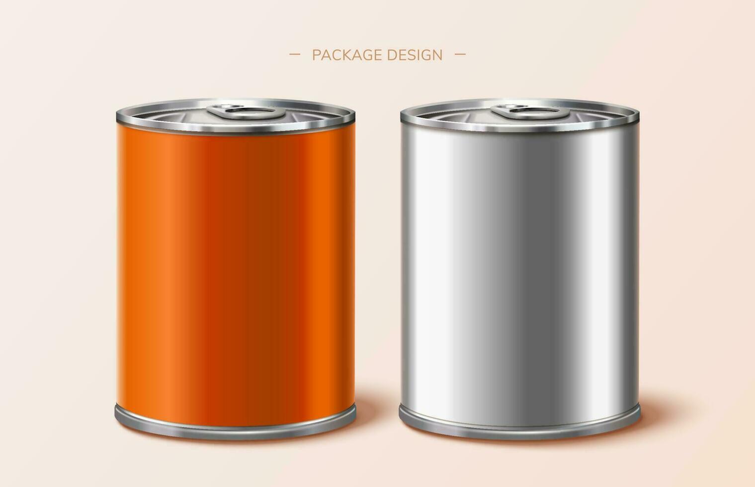Food package tin design in orange and silver, 3d illustration vector