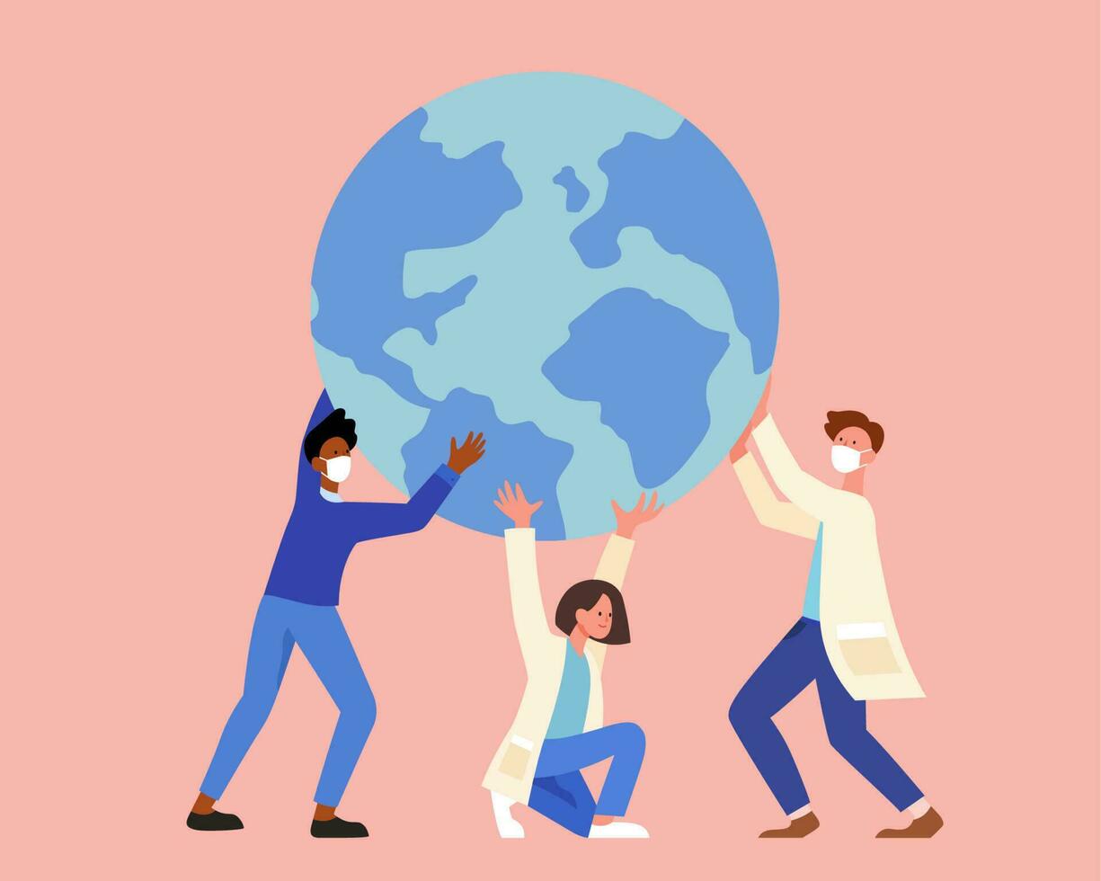 Team of professional doctors and nurses wearing face mask raising the earth. Concept of saving earth during covid outbreak. Flat illustration. vector