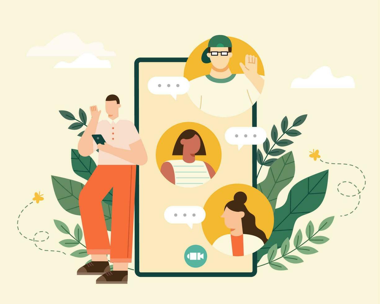 Flat illustration of friends video chatting on phone with plants around. Man standing by a mobile phone with messages from friends. vector