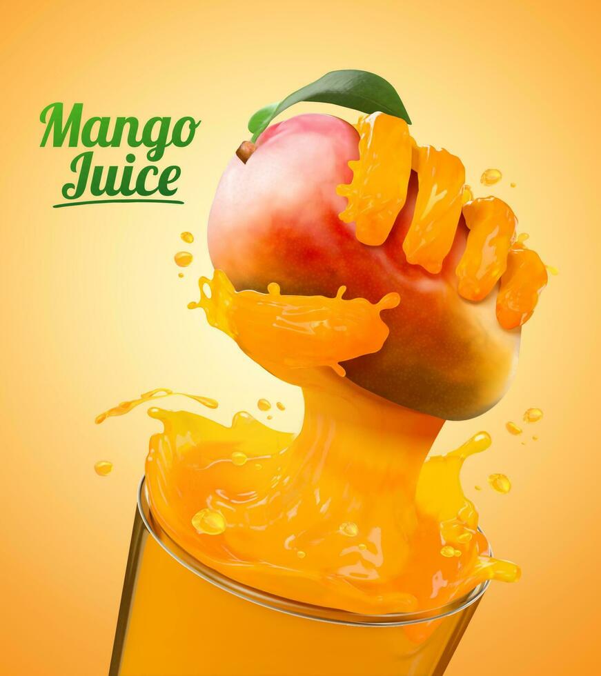 mango jugo anuncios con líquido mano agarrando Fruta efecto desde vaso taza en 3d ilustración vector