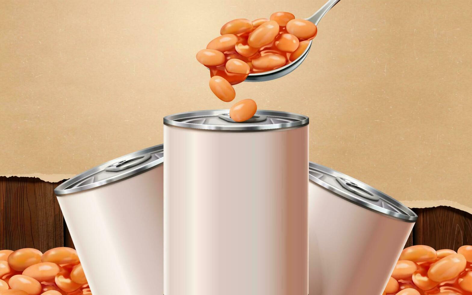 Baked beans blank tin with ingredients in 3d illustration on torn paper and wooden plate vector