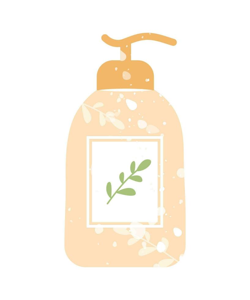 Hand drawn dispenser bottle with leaves branch for shampoo or shower gel. Concept of natural organic cosmetics and skin care routine. Flat cartoon vector illustration