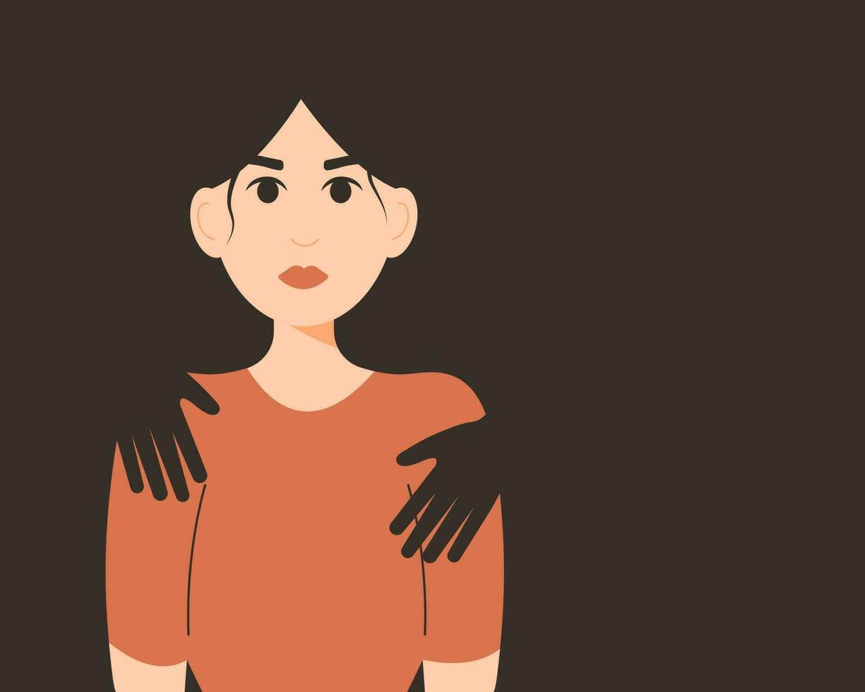 fuerte mujer con manos silueta en su cuerpo. concepto de violencia en contra mujer, Doméstico abuso, mental salud problemas. plano dibujos animados vector ilustración con vacío espacio para el texto