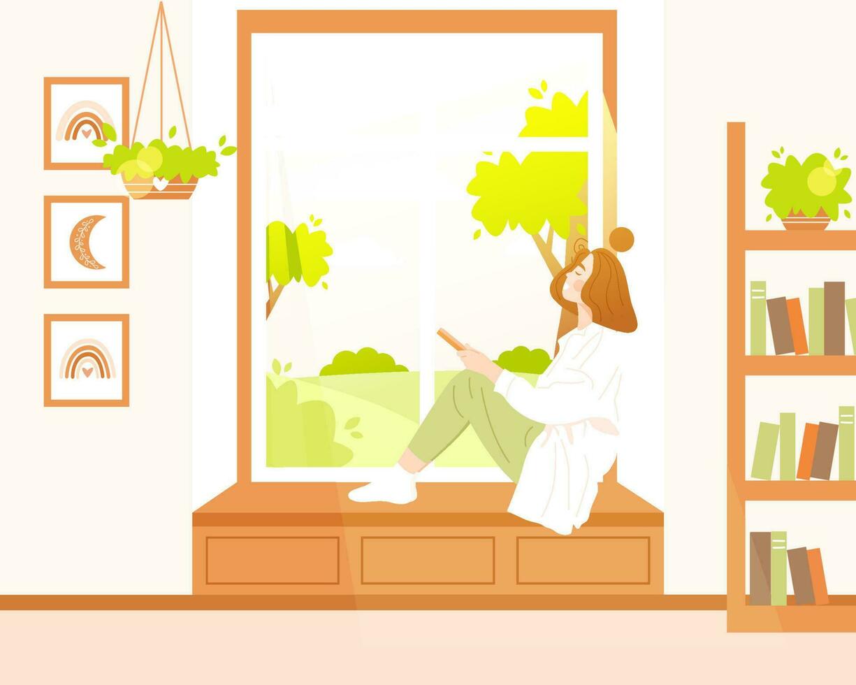 joven sonriente mujer sentado por el ventana debajo el del sol rayos y participación un libro en su acogedor habitación con vista a el jardín con casa plantas, estante para libros y pinturas linda plano dibujos animados vector personaje