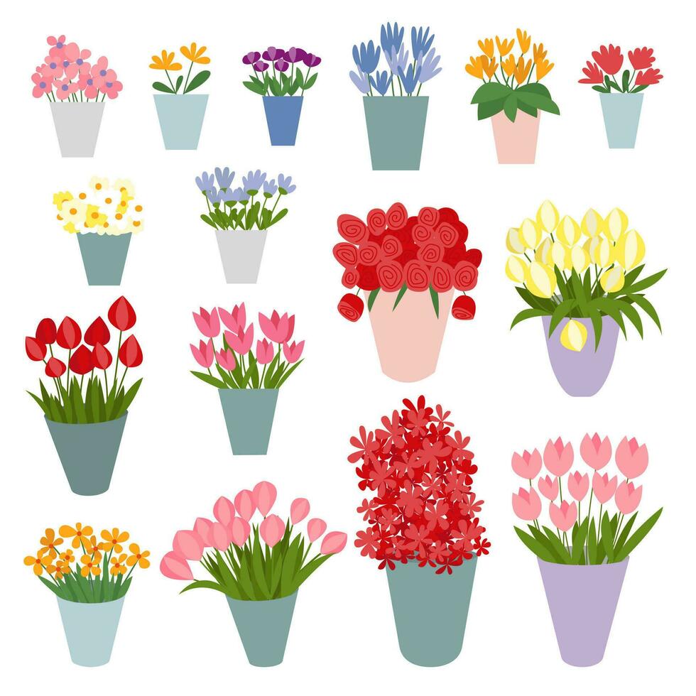 Different kinds of flowers bouquets in vases set. Vector flowers bouquets for flower shop flat illustration