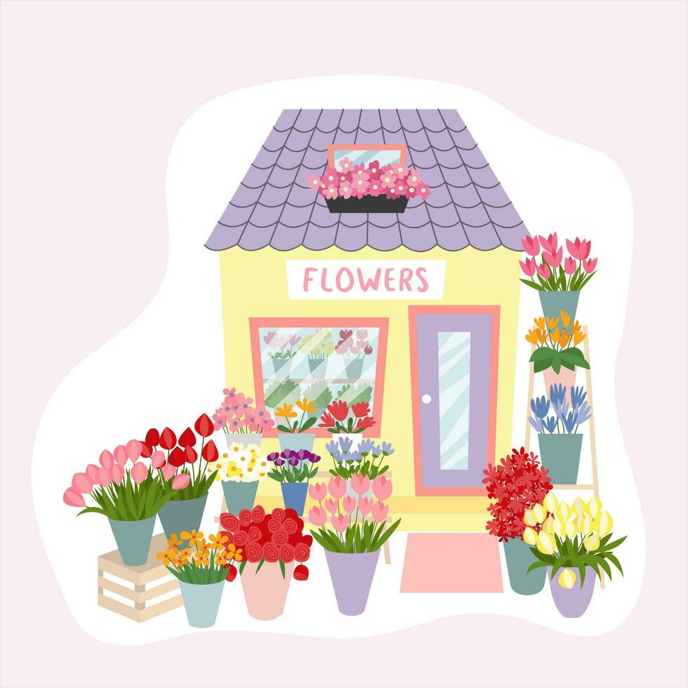 Floral market facade interior illustration. Flat style flower shop decorated with plants and flowers vector illustration.