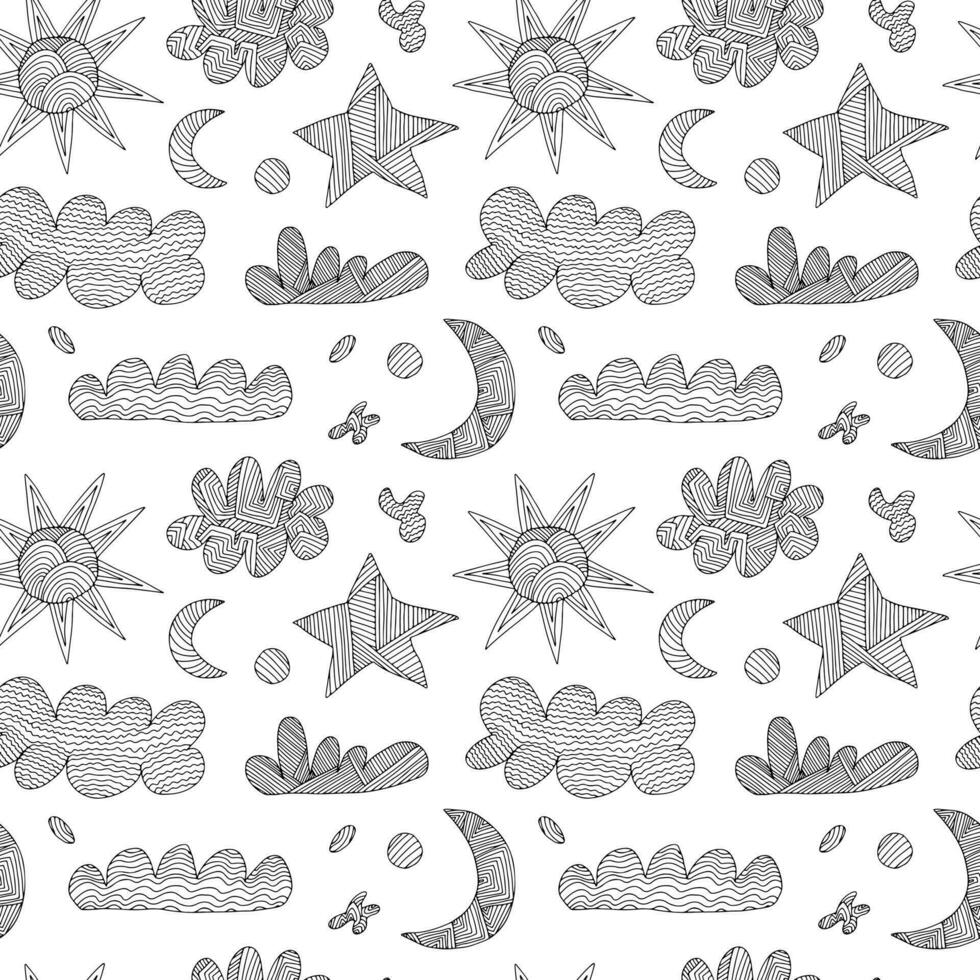 Vector weather elements doodle pattern. Clouds, sun, stars and moon seamless pattern