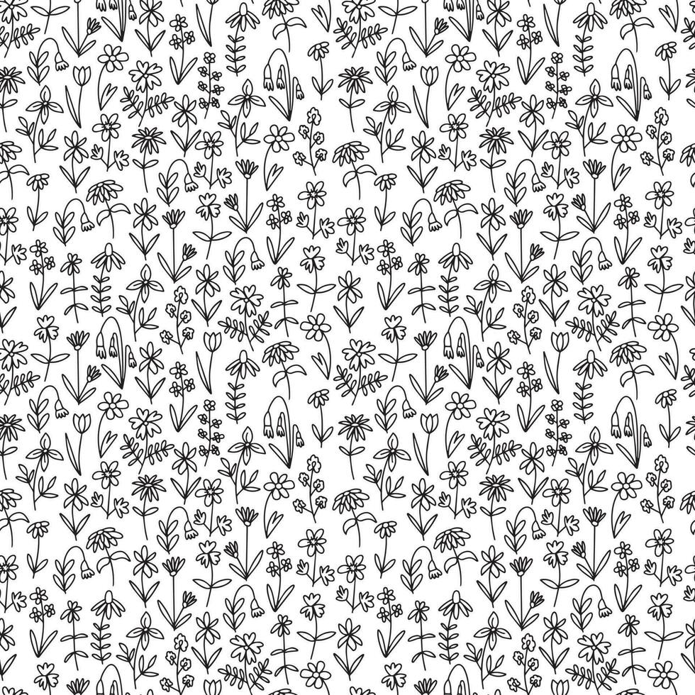 Doodle summer flowers seamless pattern. Vector mille fleur pattern on white background.
