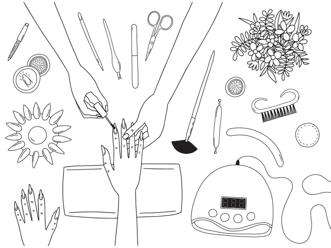 Vector manicure session coloring page illustration. Hand drawn manicure salon process top view vector illustration.