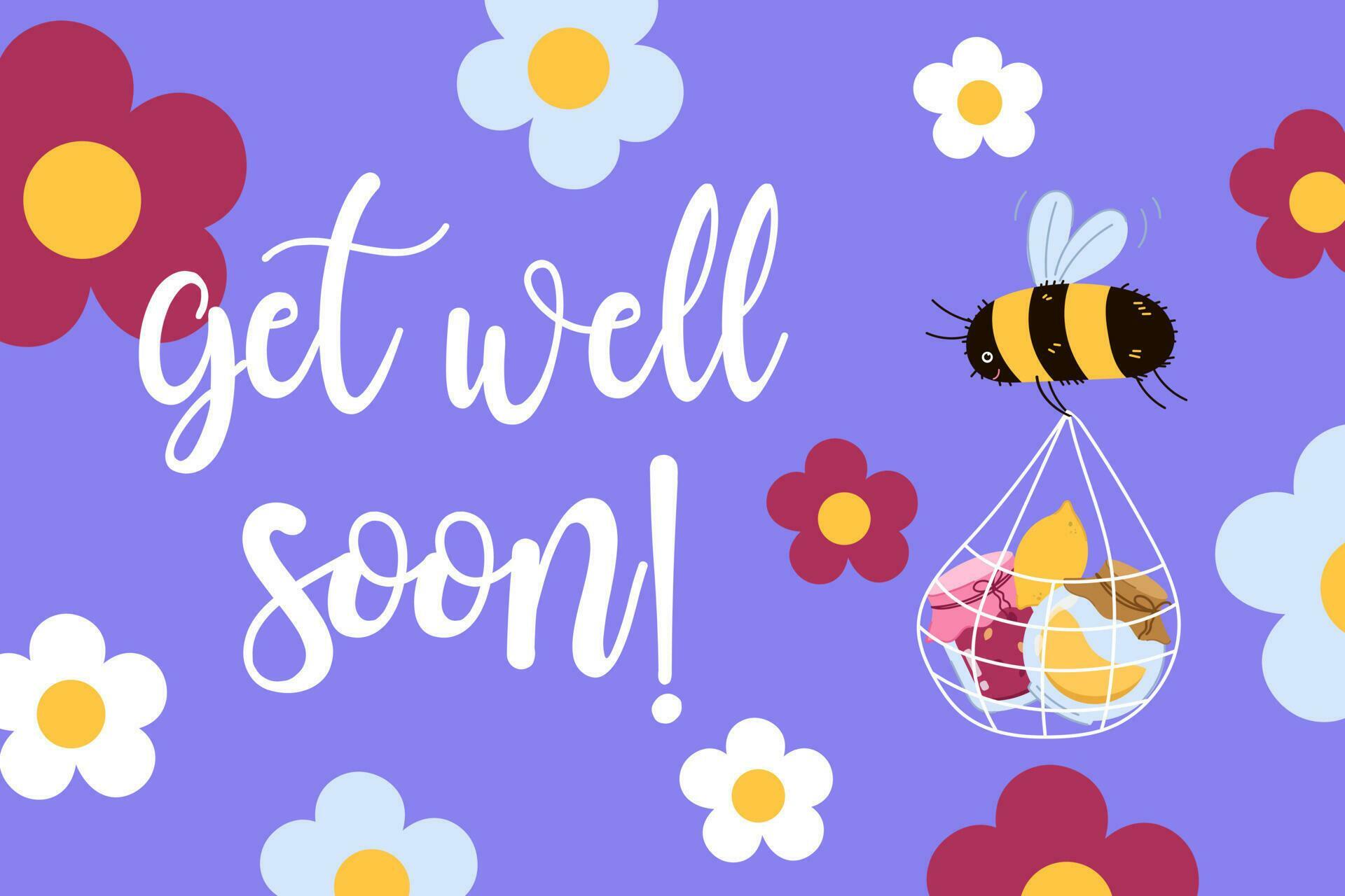 Vector get well soon poster with a bee carrying a bag with honey and