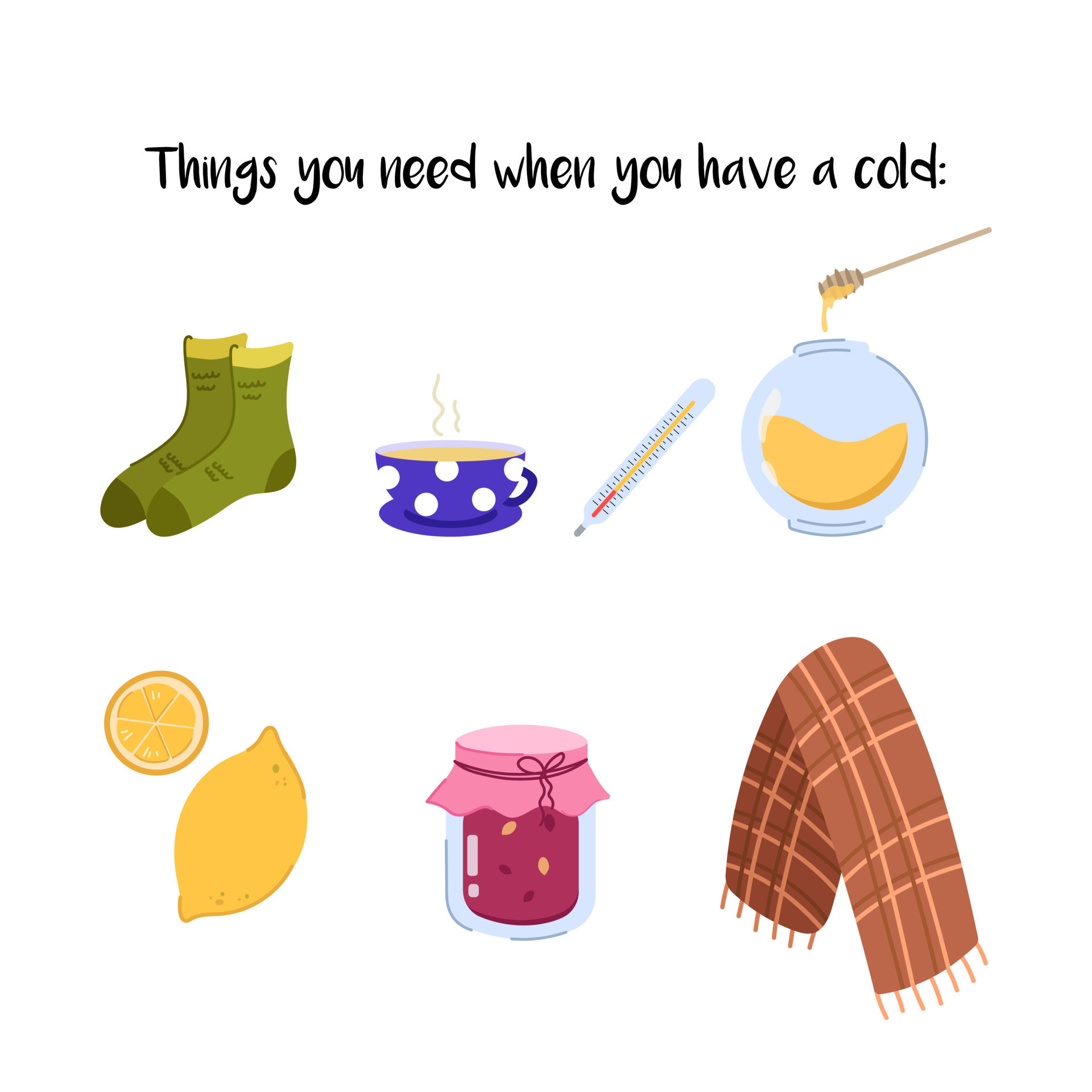 Vector set with things you need when you have a cold. Warm socks, scarf