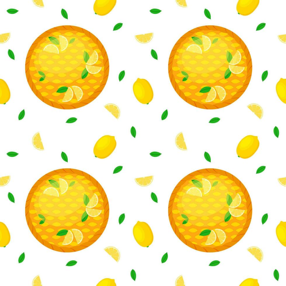 Seamless pattern with whole homemade lemon pie and lemons. Dessert ready to eat. Concept of National pie day or Thanksgiving day for web, menu, wrapping, textile, background, fabric, cloth, wallpaper vector