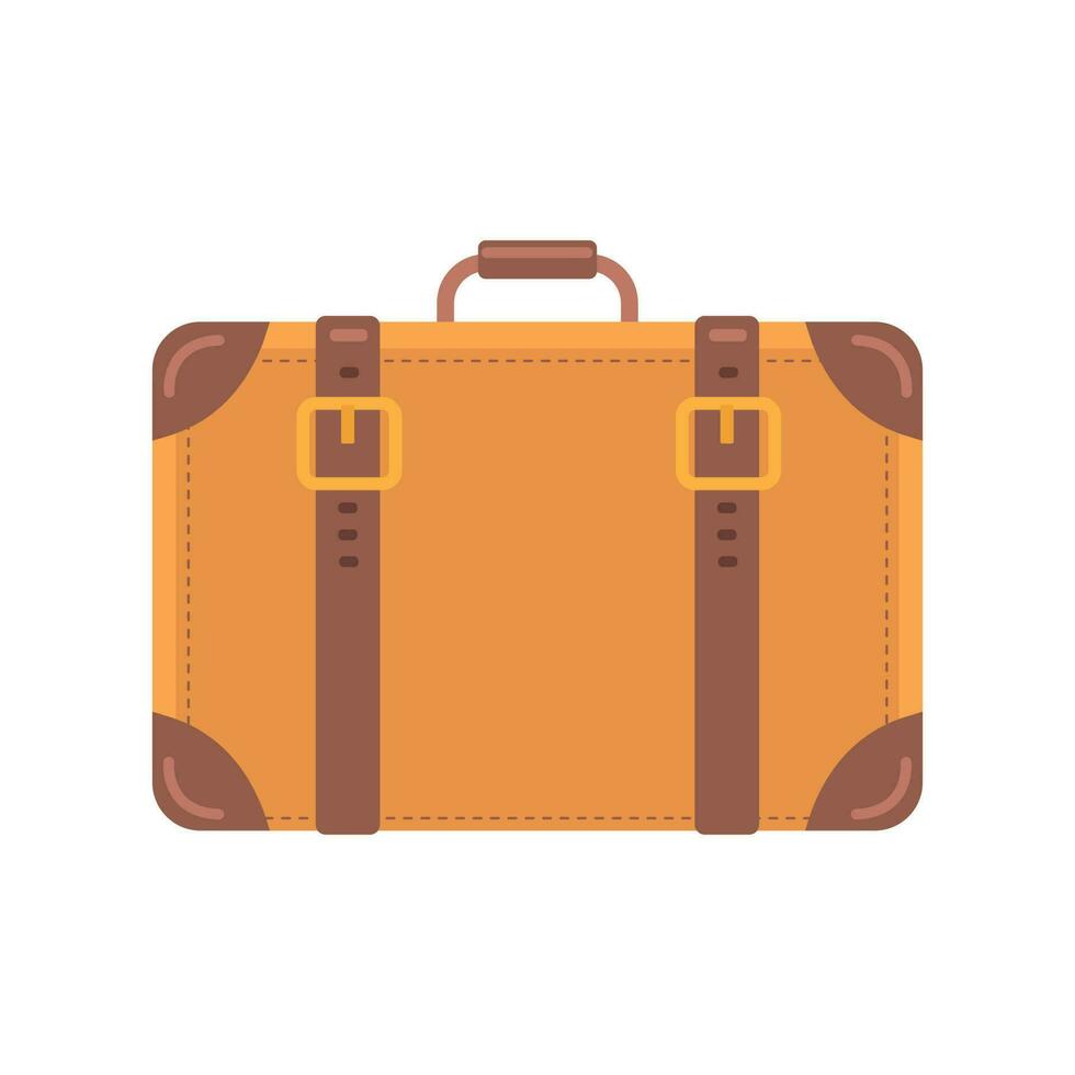Old vintage suitcase with leather straps, isolated vector illustration